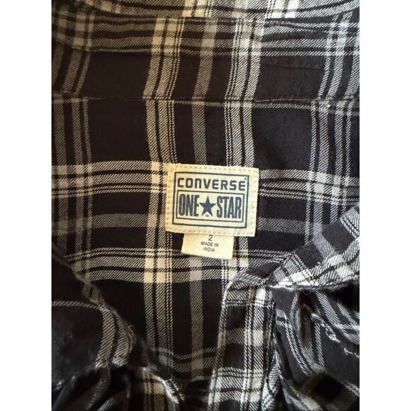 Converse One Star black white plaid ruffle button shirt long sleeve 2/M - Picture 2 of 7